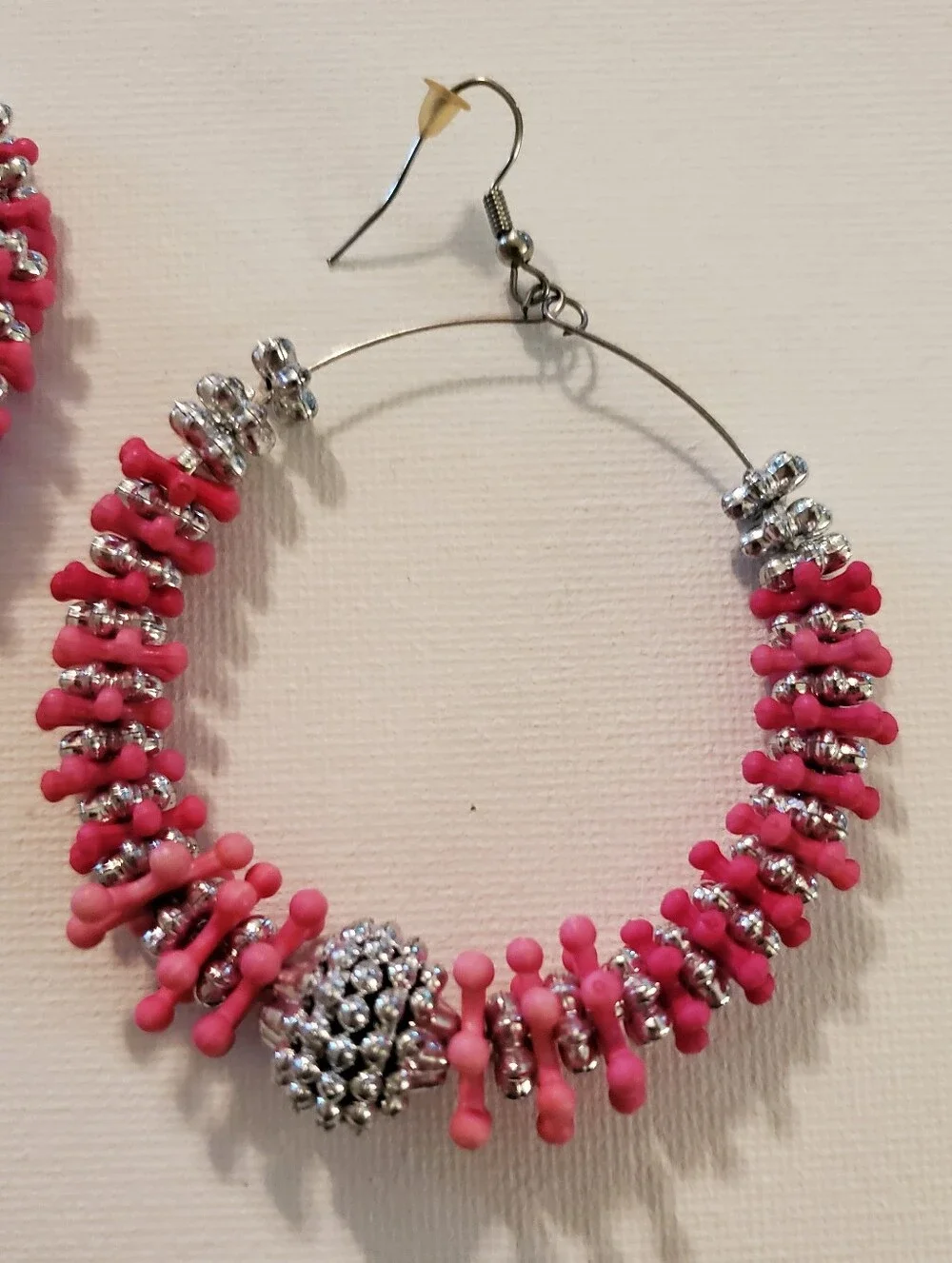 Pink Beaded Hoop Earrings with Silver Accents -‎ Women Jewelry